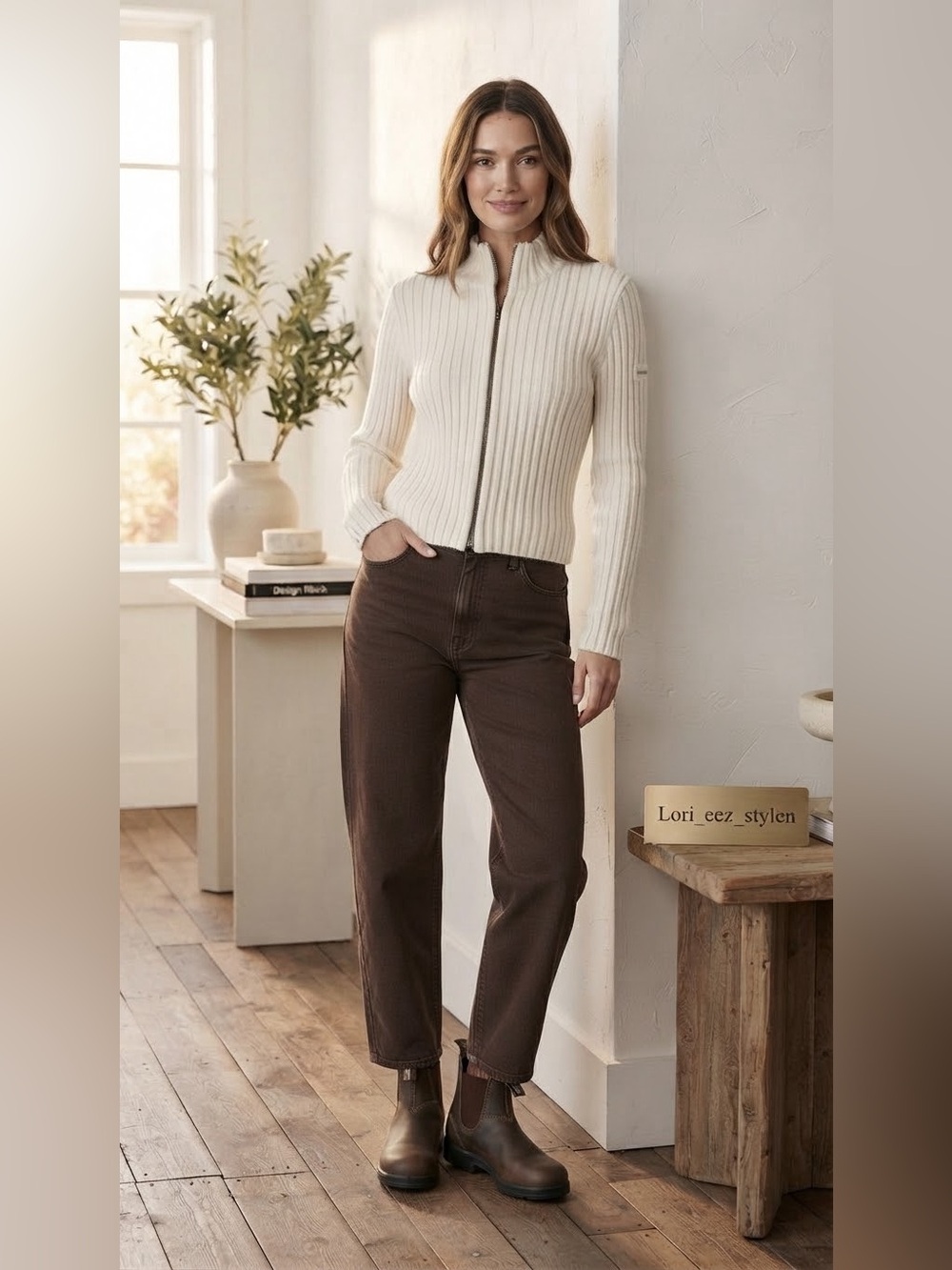 DKNY Cream Ribbed Zip Cardigan - Picture 6 of 7
